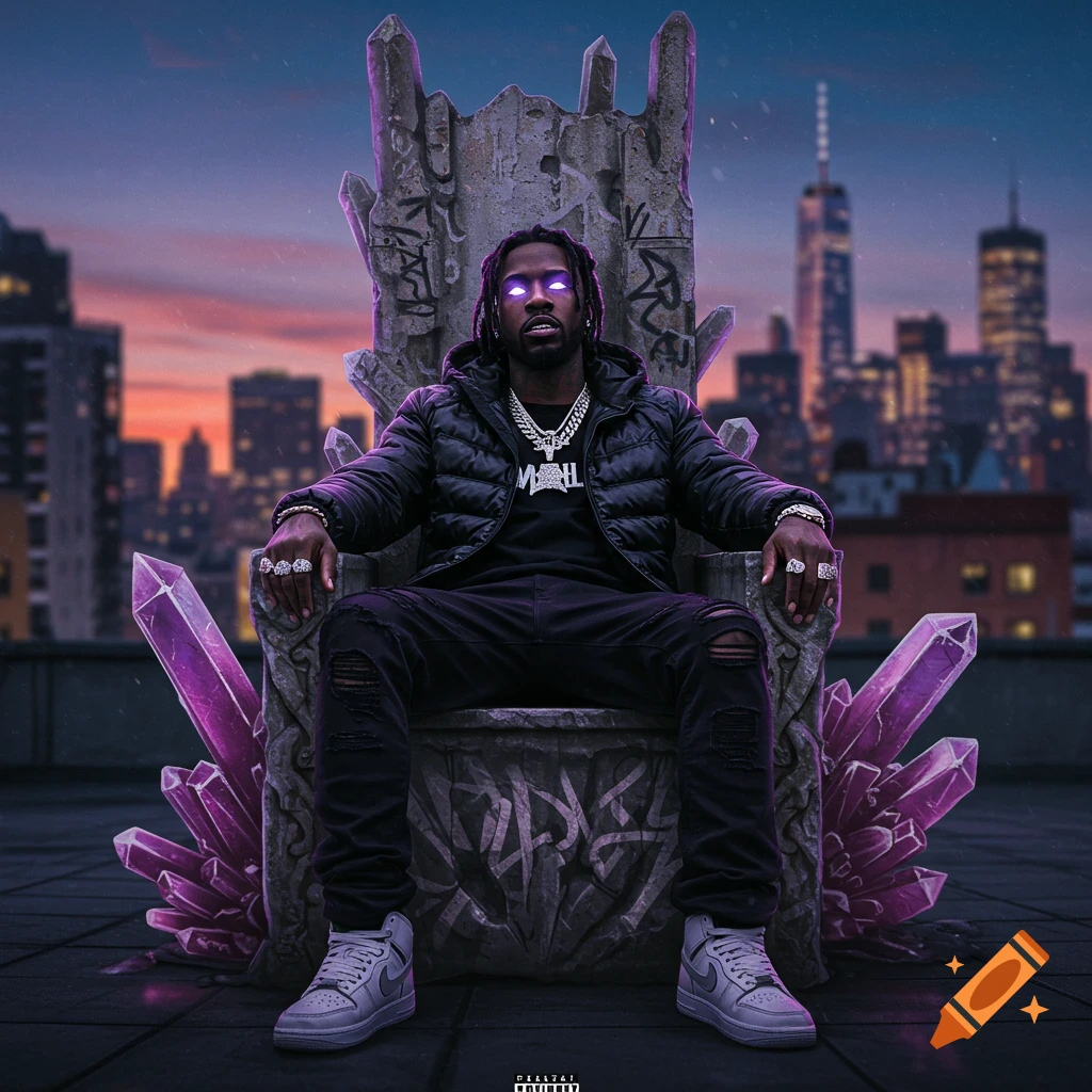 A man with glowing eyes sits on a graffiti-tagged crystal throne on an NYC rooftop with skyline at twilight.