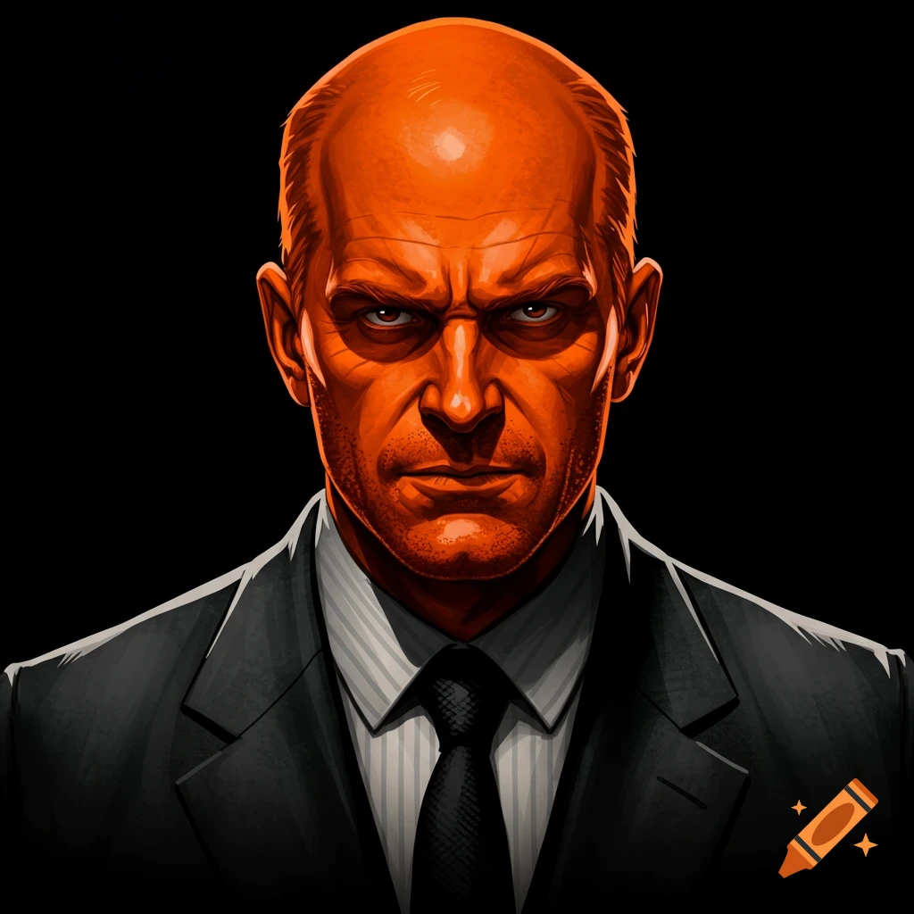 A bald man with orange skin wears a suit against a black background.
