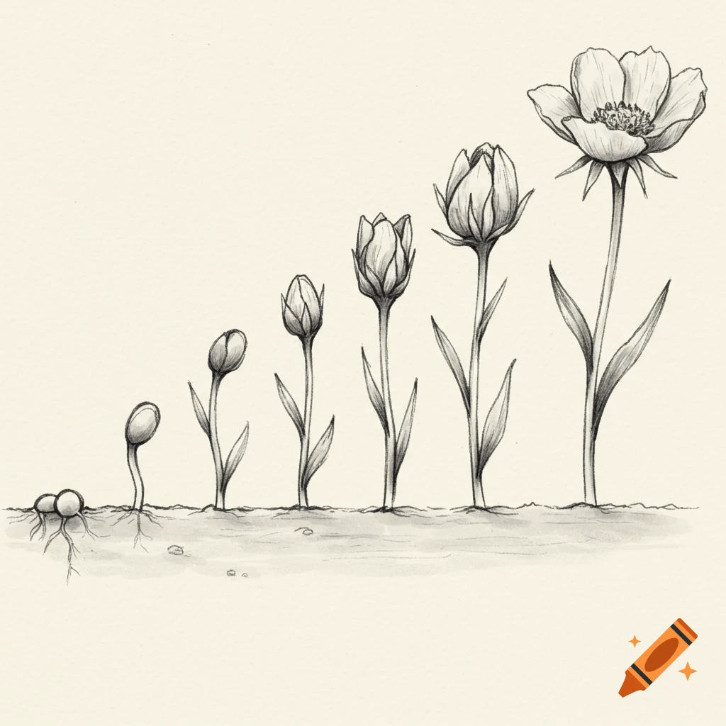 A sketch showing the life cycle of a flower from seed to bloom.