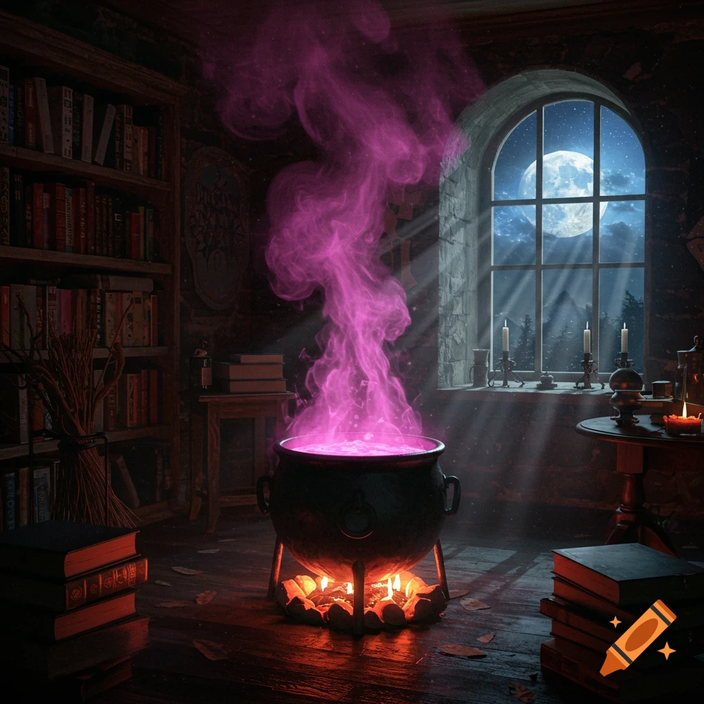 A witch's lair with cauldron and pink smoke, bookshelves, moonlit window.