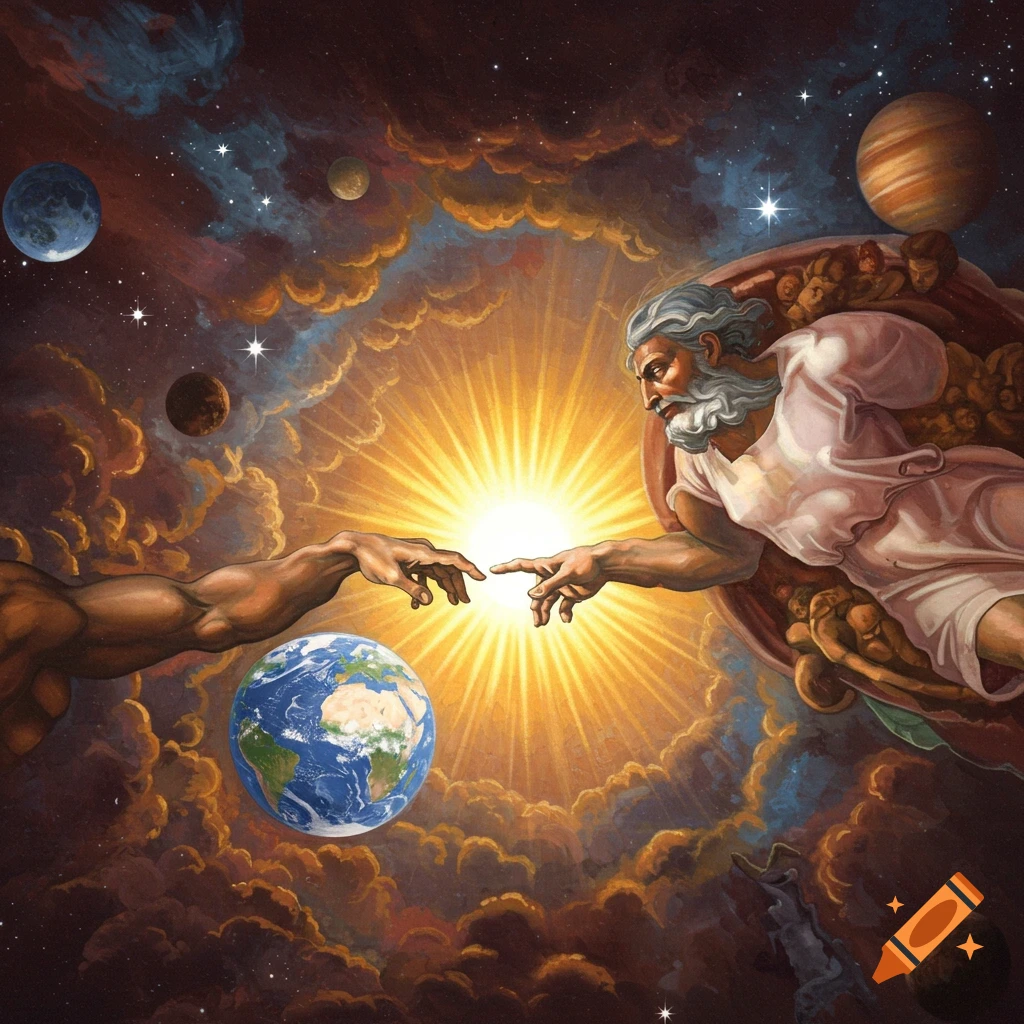 Two hands reaching toward a bright light, with Earth and planets in a cosmic sky.