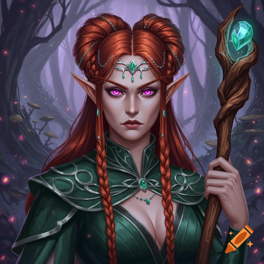 A regal elf lady with red hair, purple eyes, green outfit, and staff in a forest.