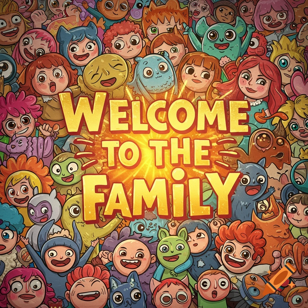 A crowded digital illustration of many diverse cartoon characters and creatures around the text "WELCOME TO THE FAMILY".