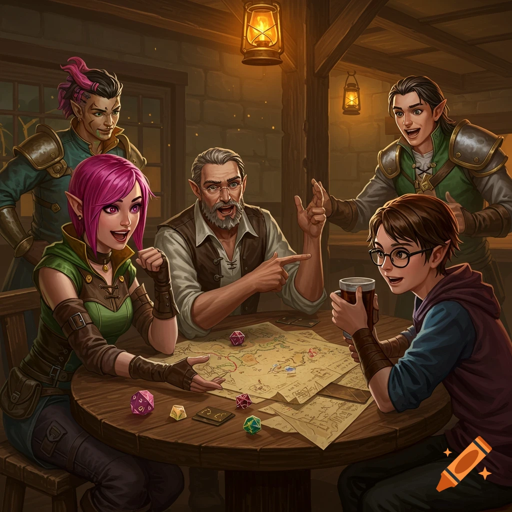 Fantasy characters playing a tabletop game in a tavern.