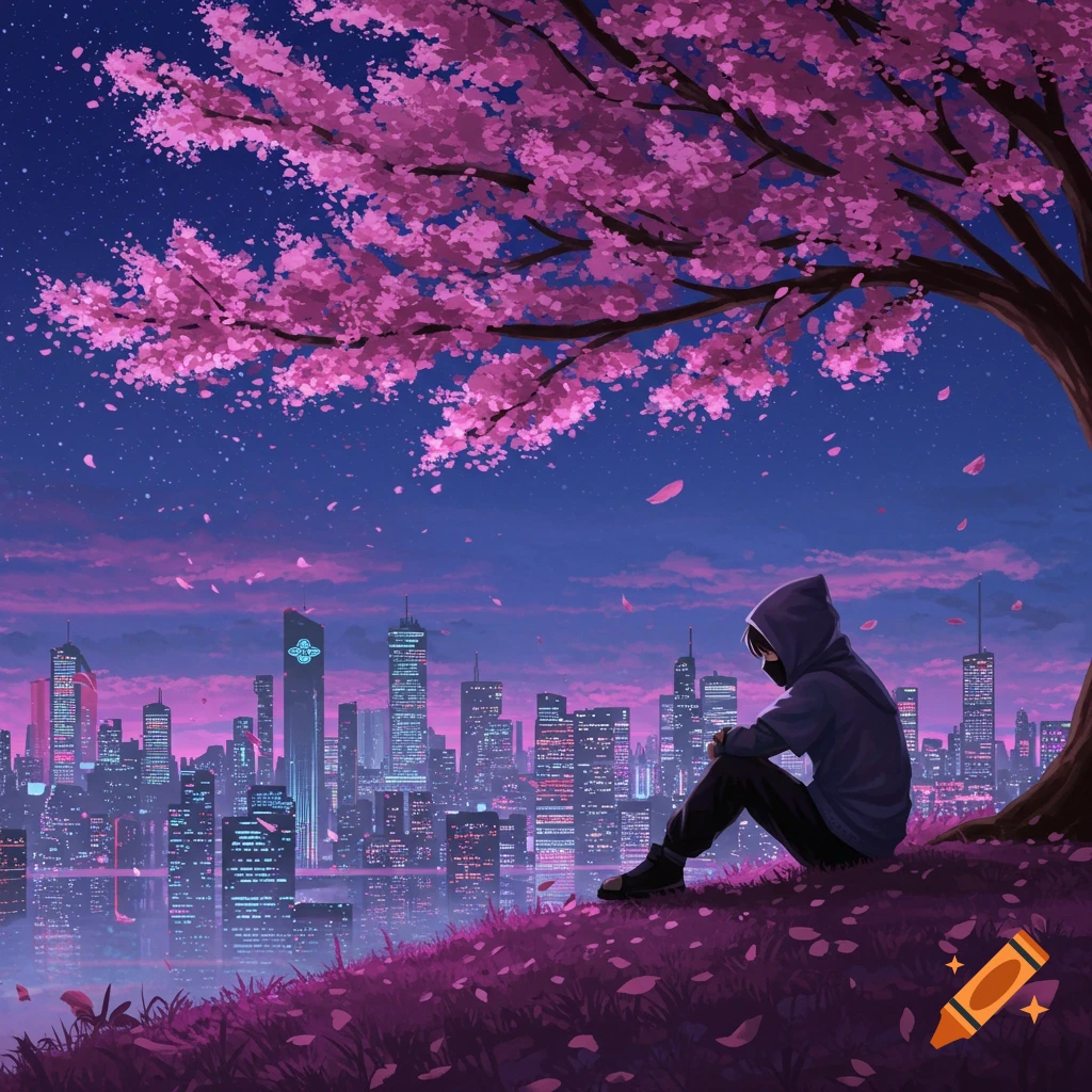 Anime style illustration of a person sitting under a cherry blossom tree overlooking a glowing cyberpunk city skyline at night.