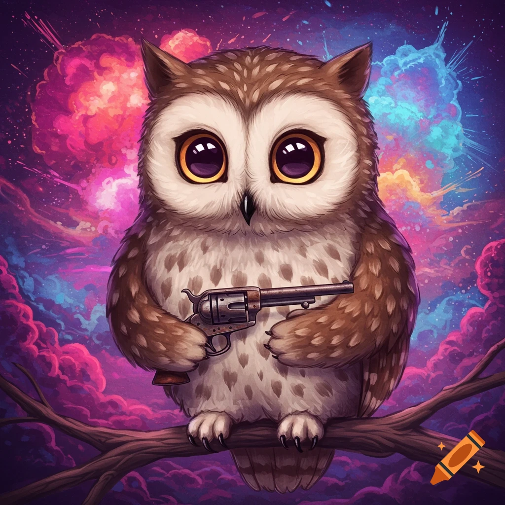 A cute owl holding a gun, sitting on a branch against a cosmic sky.