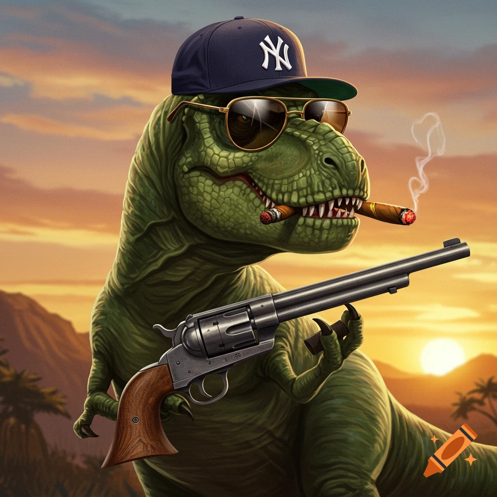 A T-Rex wearing a Yankees hat and sunglasses, smoking a cigar and holding a pistol at sunset.