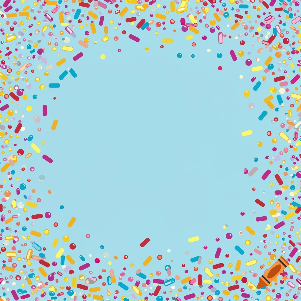 Light blue background with colorful sprinkles scattered around the edges in a vector illustration style.