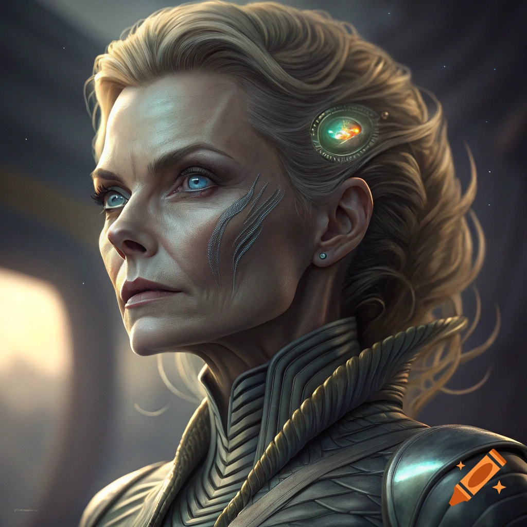 Close-up portrait of a woman with blue eyes, futuristic facial markings, and sci-fi armor.