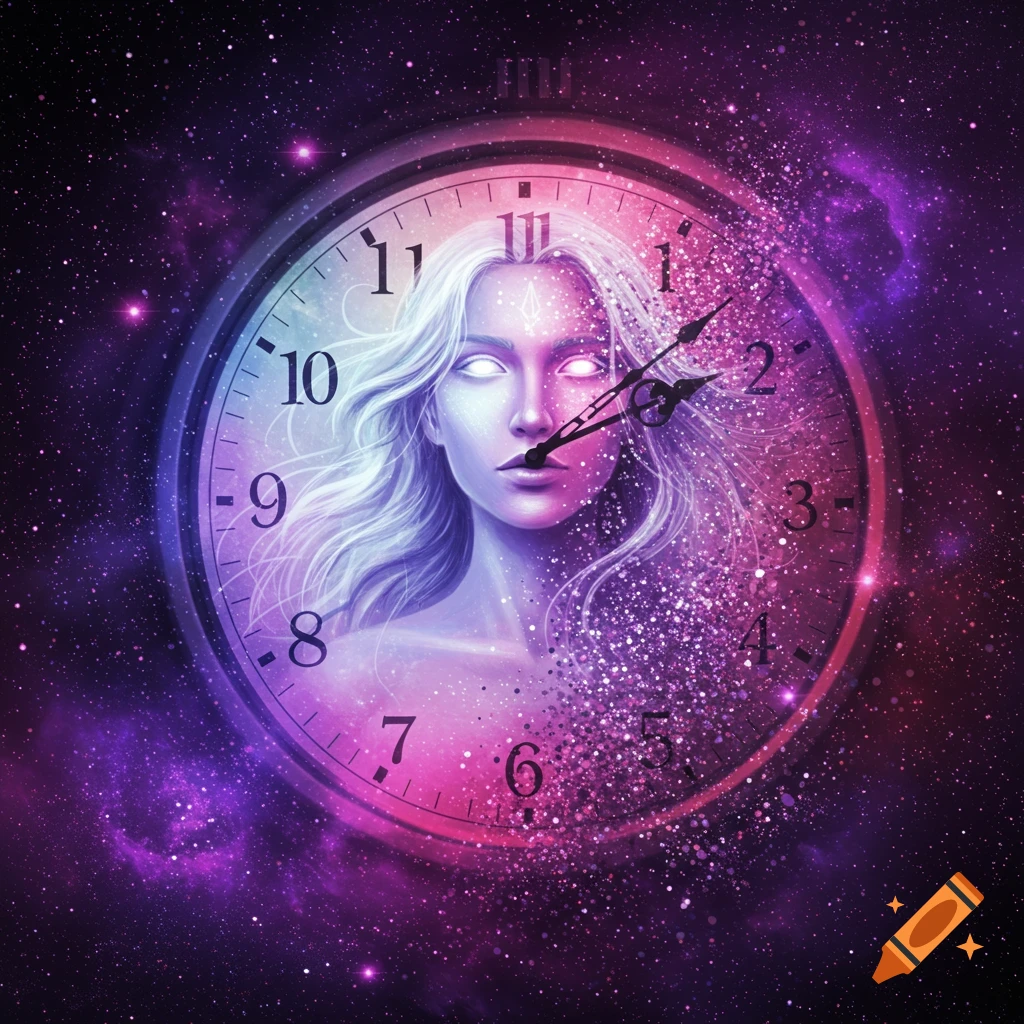A stylized figure emerges from a clock face in deep space.