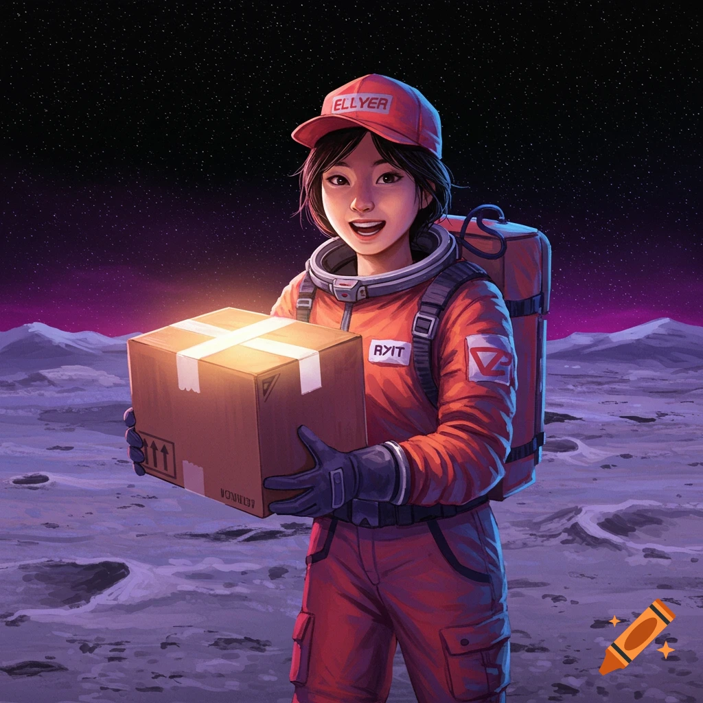 A delivery person in a spacesuit is holding a glowing package on the moon.