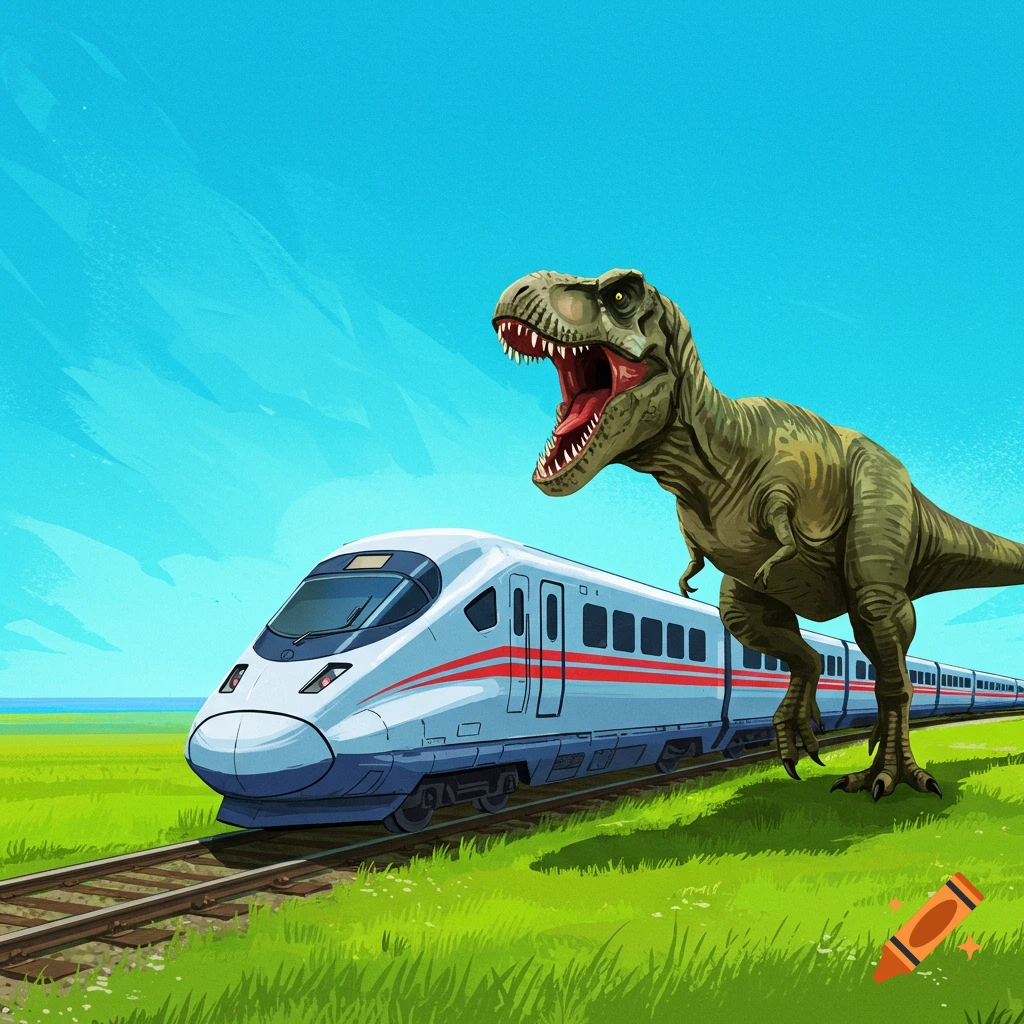 A T-Rex stands next to a high-speed train in a grassy field.