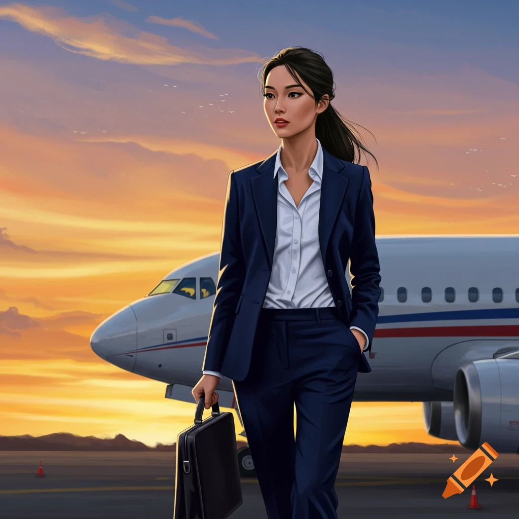 A business woman with a briefcase walks on an airport tarmac near an airplane at sunset.