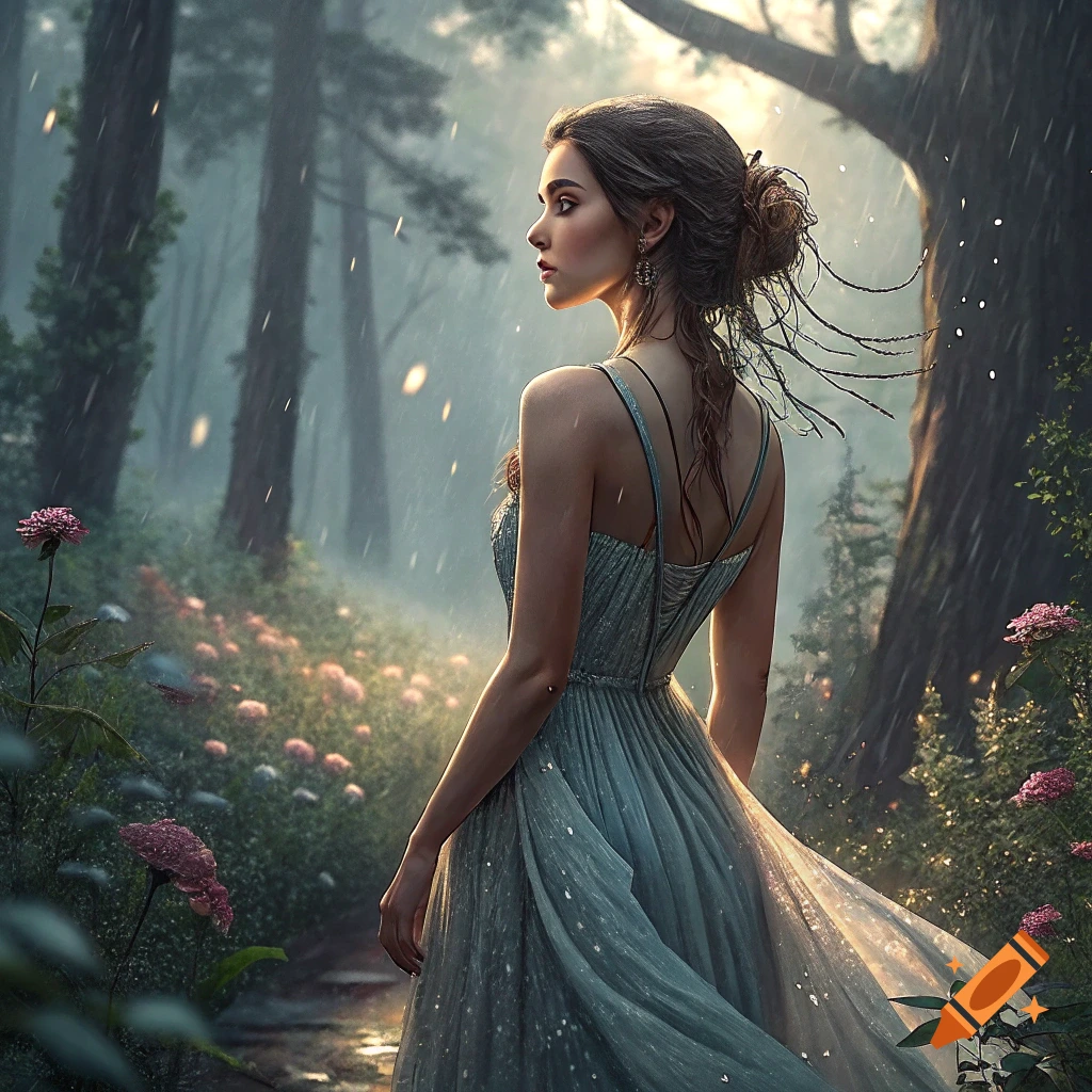 Woman in a dress stands in a rainy forest with glowing flowers.