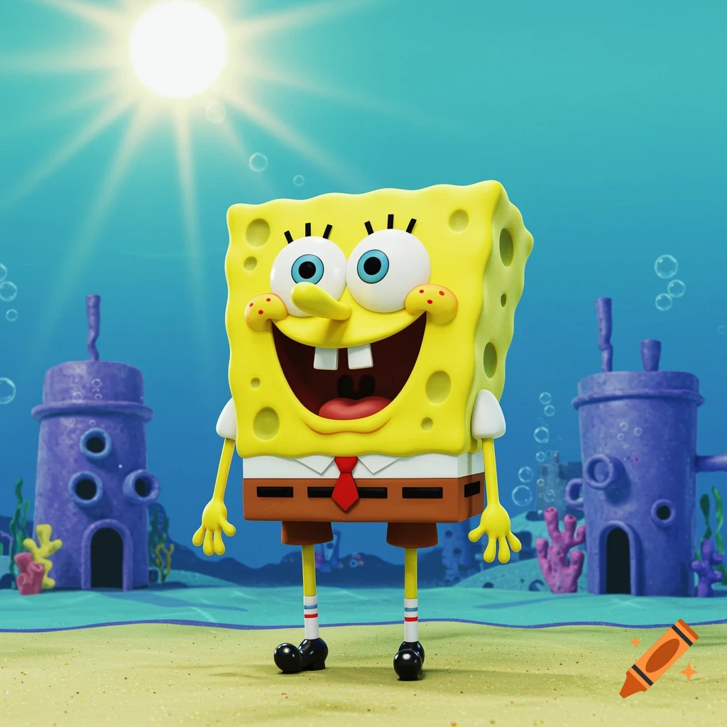 Spongebob Squarepants stands smiling underwater in Bikini Bottom
