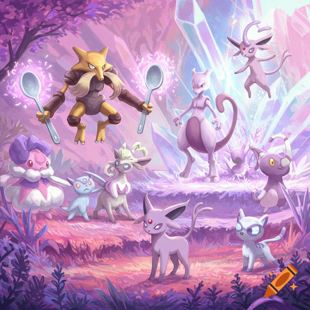 Several Psychic Pokemon including Alakazam, Mewtwo, and Espeon are in a landscape with pink trees and large crystals.