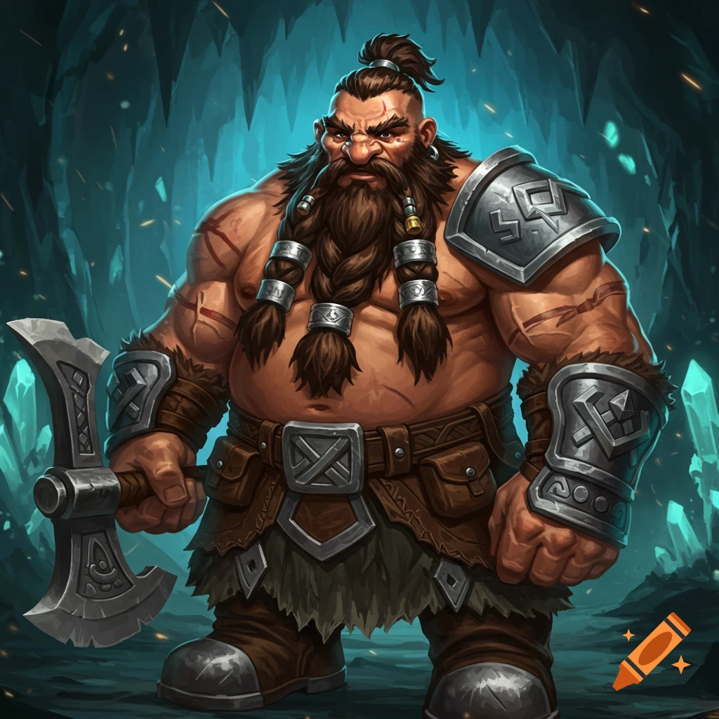 A muscular fantasy dwarf holding an axe in a cave.