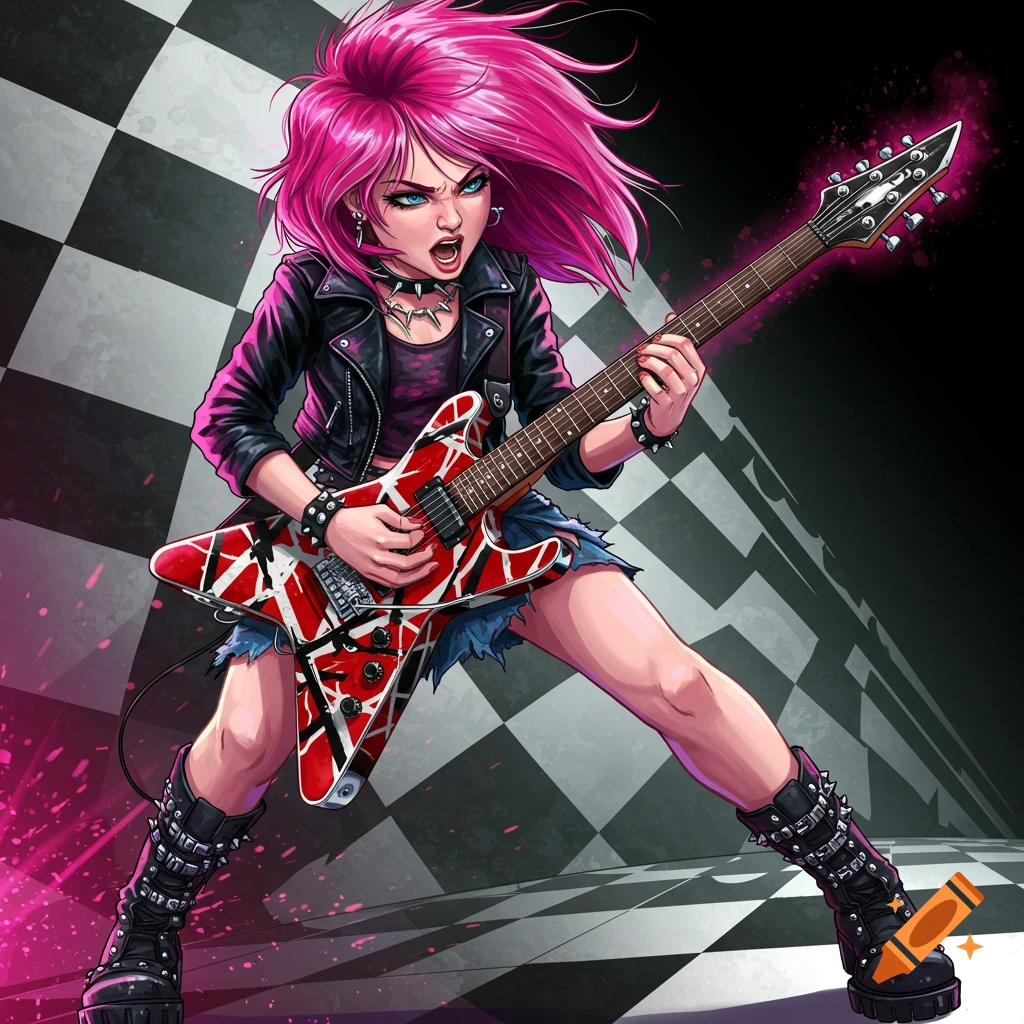 A punk-rock girl with pink hair playing a red and white guitar on a checkerboard stage.