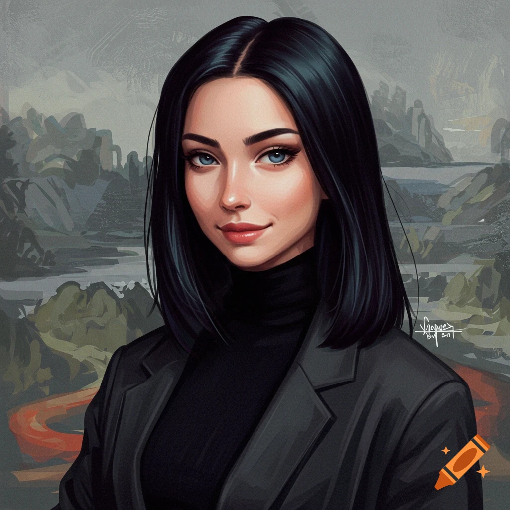A portrait of a woman with dark hair and blue eyes, wearing a black turtleneck and blazer, with a landscape background.