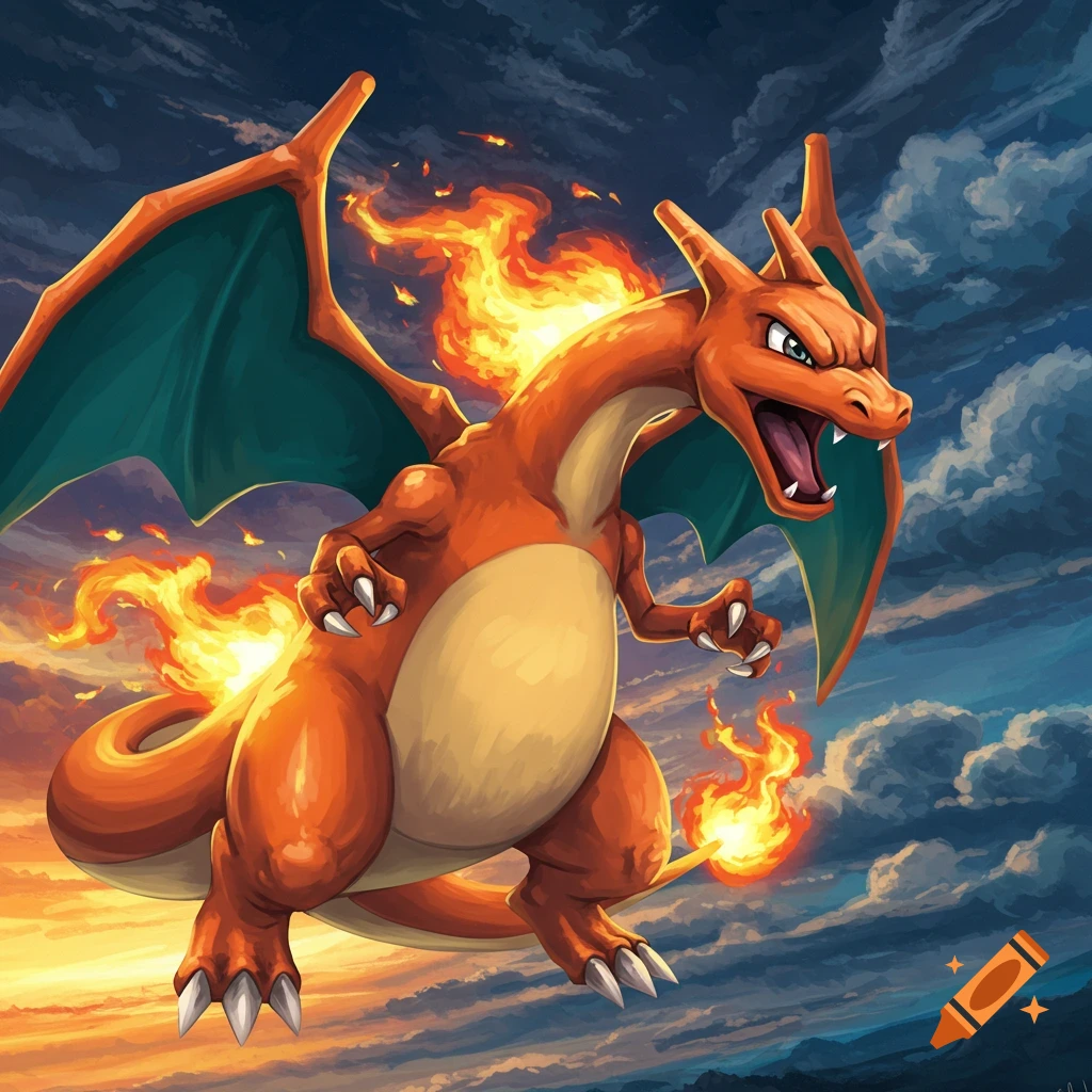 Charizard flying against a cloudy sunset sky.