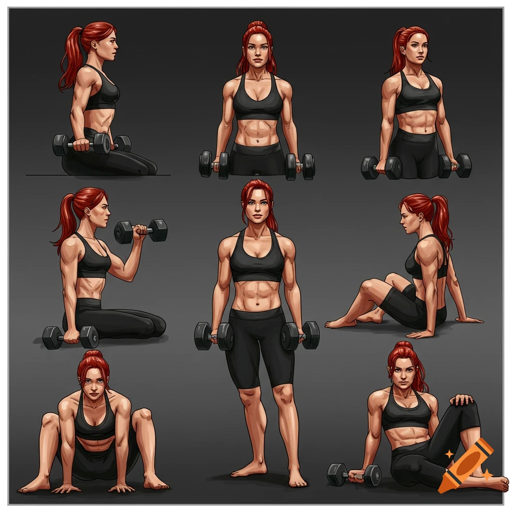 Woman performing 9 different dumbbell exercises in a chart format on
