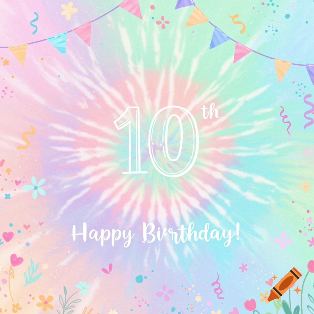 Pastel tie-dye birthday invitation with "10th Happy Birthday" text, flowers, and confetti.