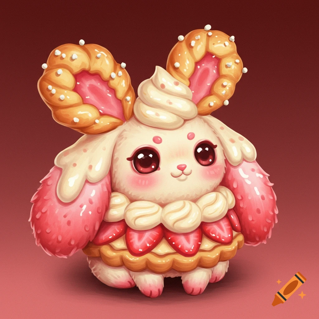 A cute creature made of pastry, strawberries, and cream.