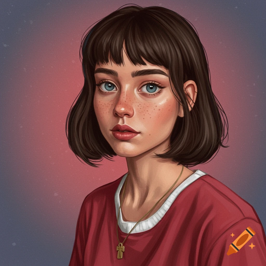 A portrait of a young woman with freckles and short brown hair wearing a red shirt.