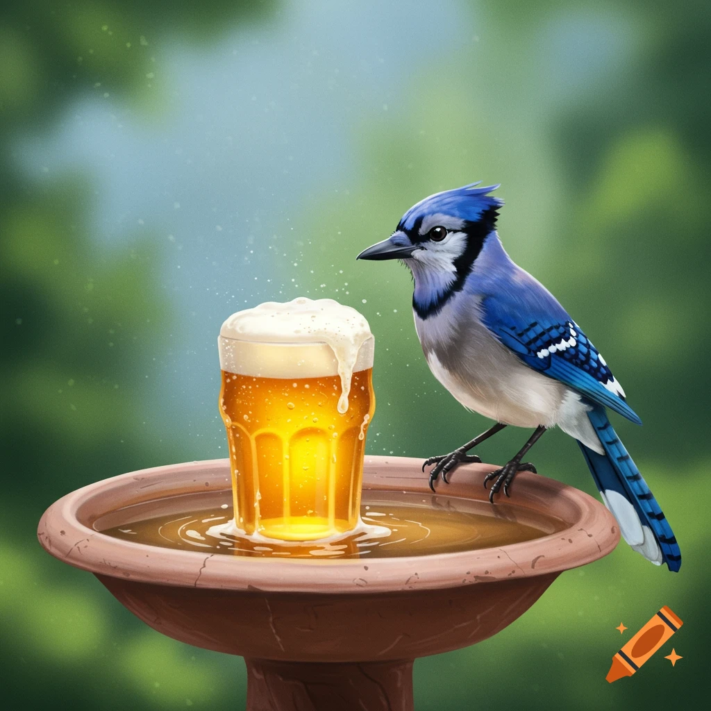 A blue jay perched on a bird bath containing a glass of beer.