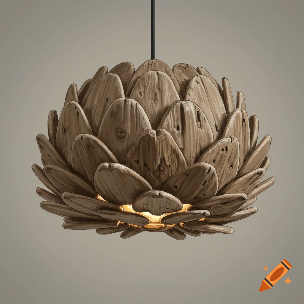 A pendant lamp shaped like an artichoke, made of textured driftwood.