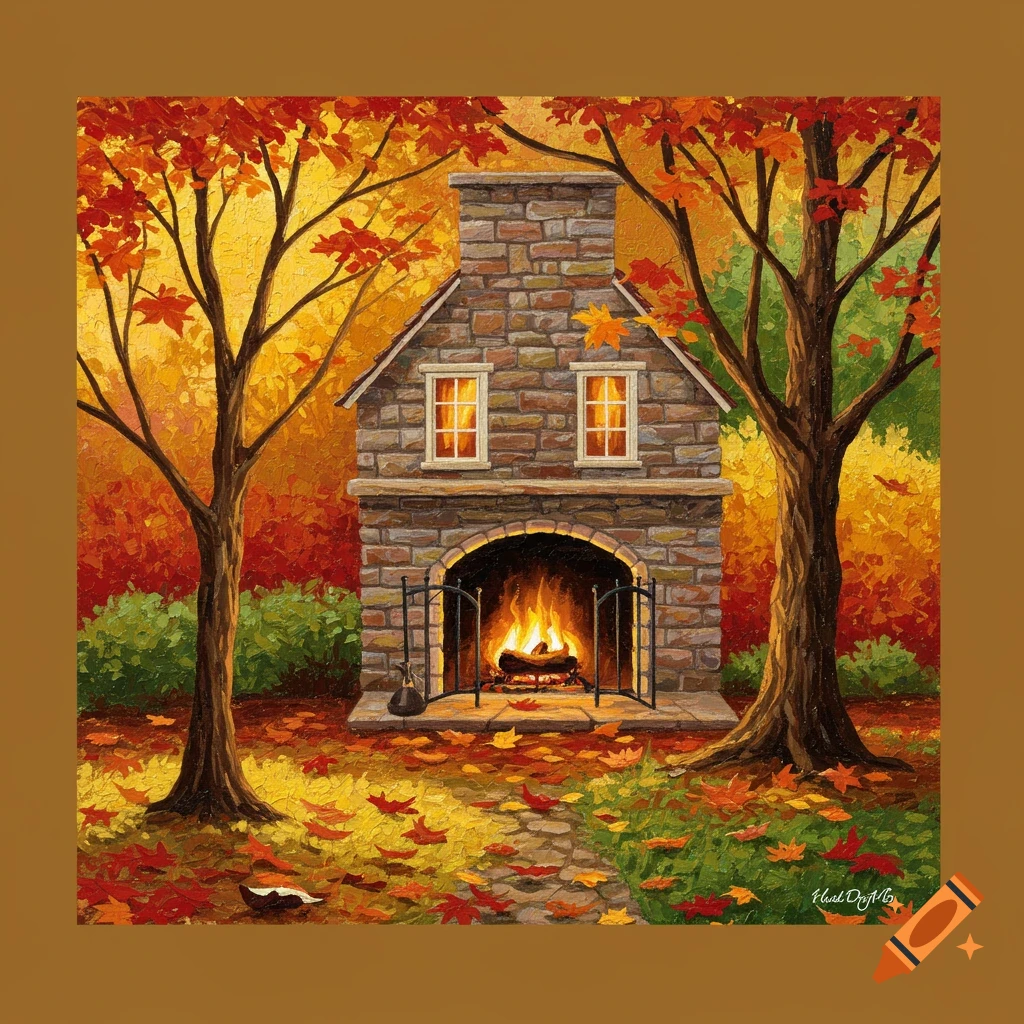 A stylized stone fireplace structure with a fire inside, surrounded by trees with red and orange autumn leaves, in a painterly style.