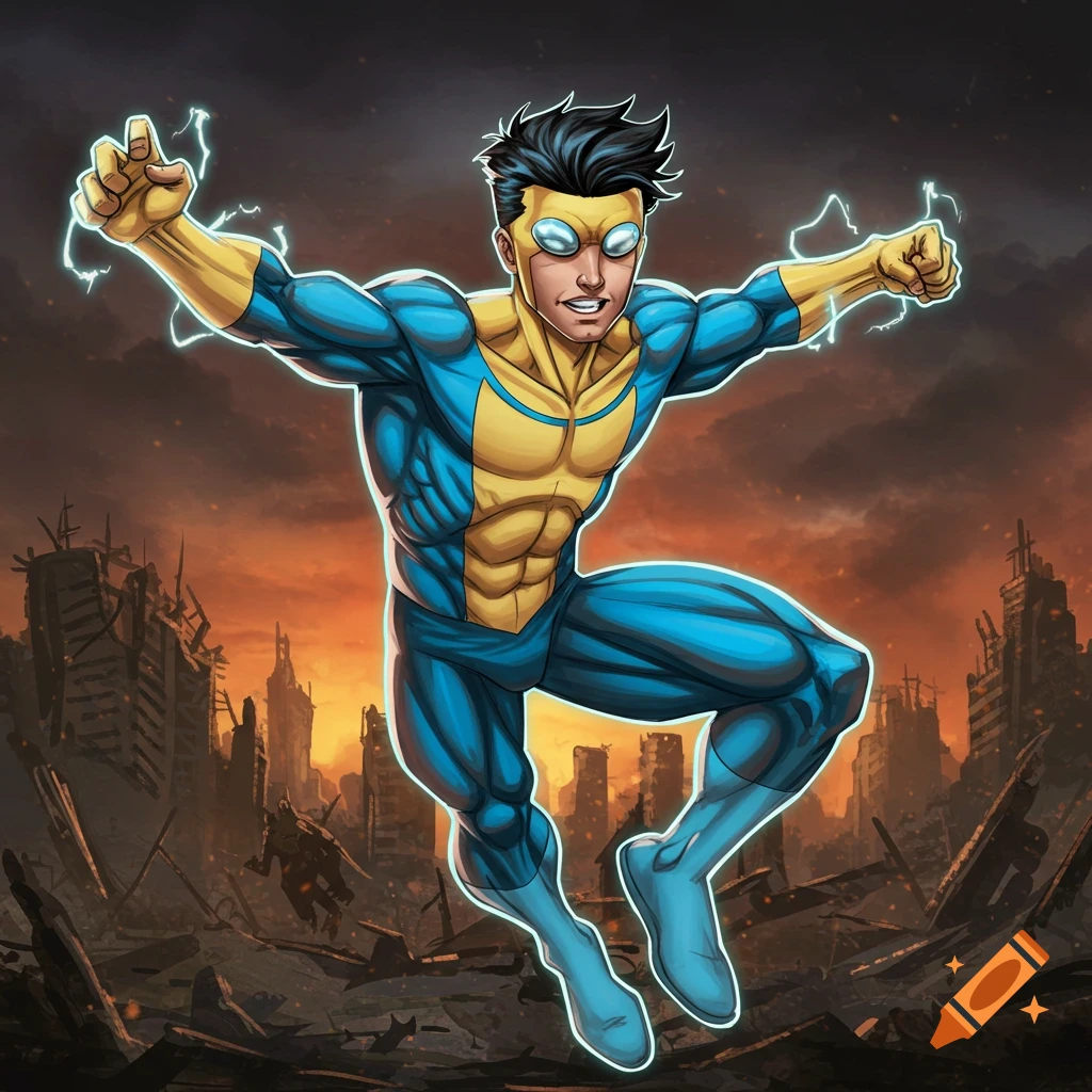 A superhero in a blue and yellow costume jumps over a ruined city.