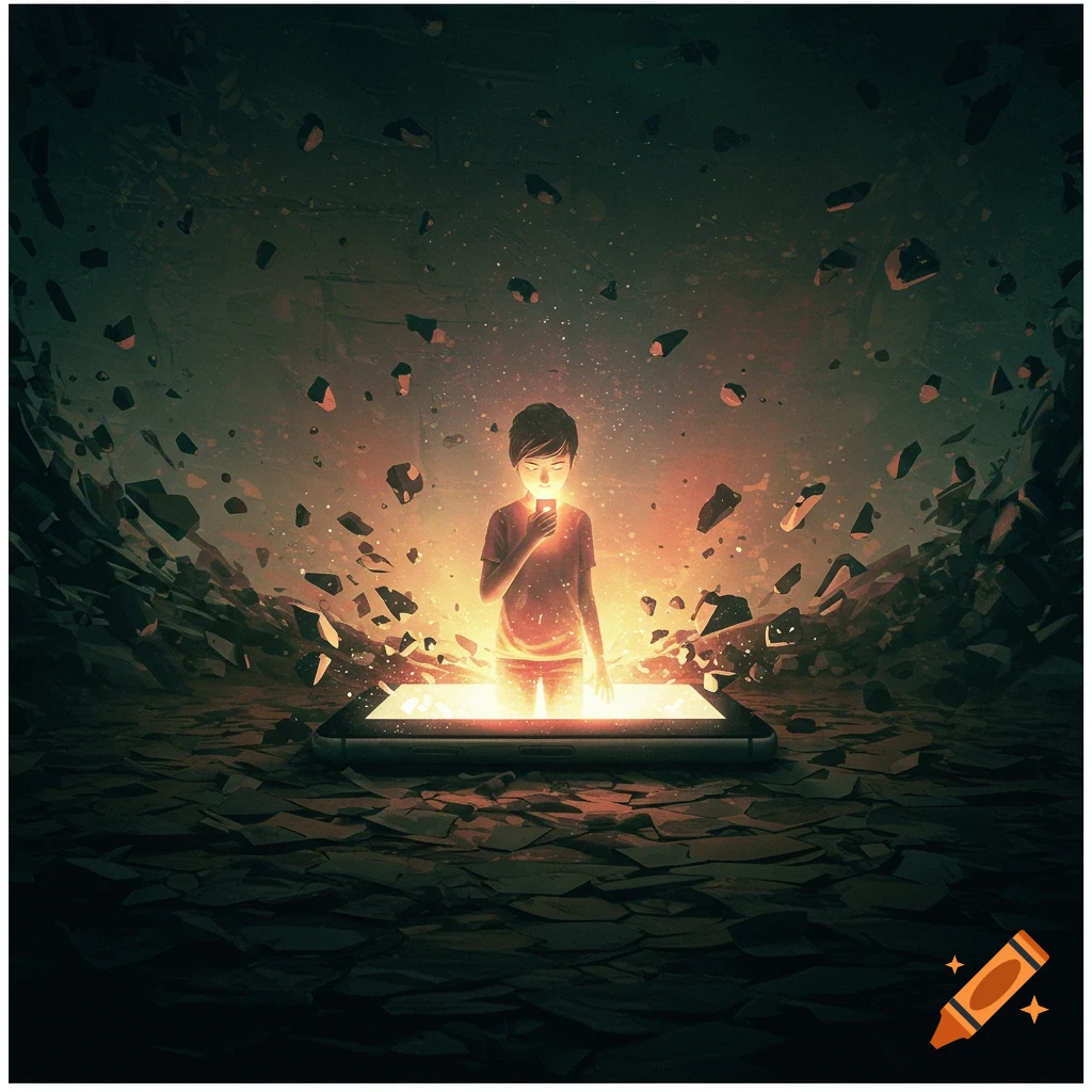 A person depicted on a glowing phone screen while the world around them falls apart.