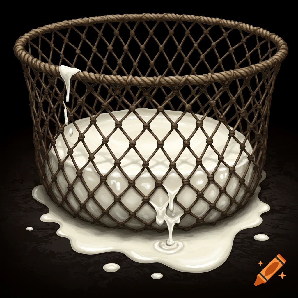 Milk dripping from a woven net basket into a pool on a dark surface.