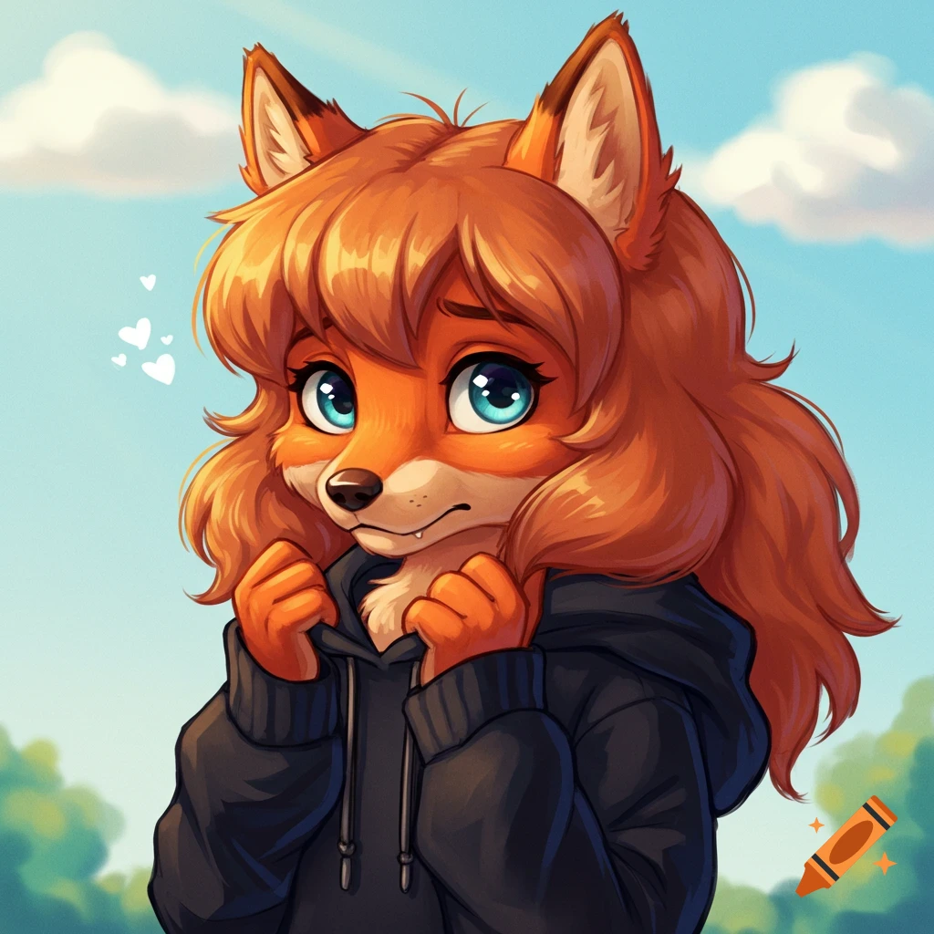 Cartoon furry fox-wolf girl in a black hoodie shyly pulling the hems, with a blue sky background.