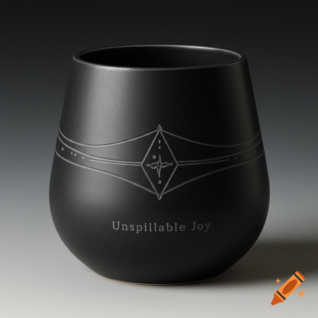 Matte black mug with geometric pattern and 'Unspillable Joy' text