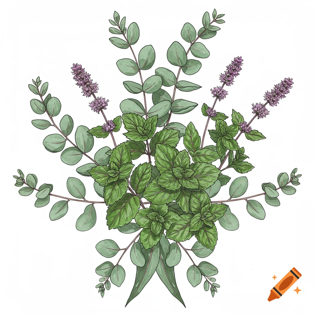 Botanical illustration of eucalyptus, peppermint, and spearmint arrangement.