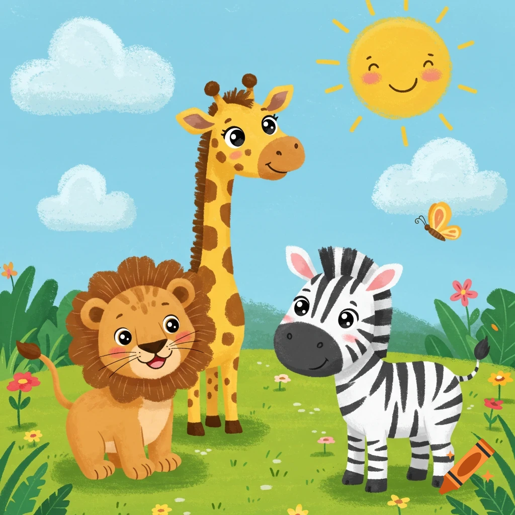 Cute cartoon lion, giraffe, and zebra in a sunny safari landscape