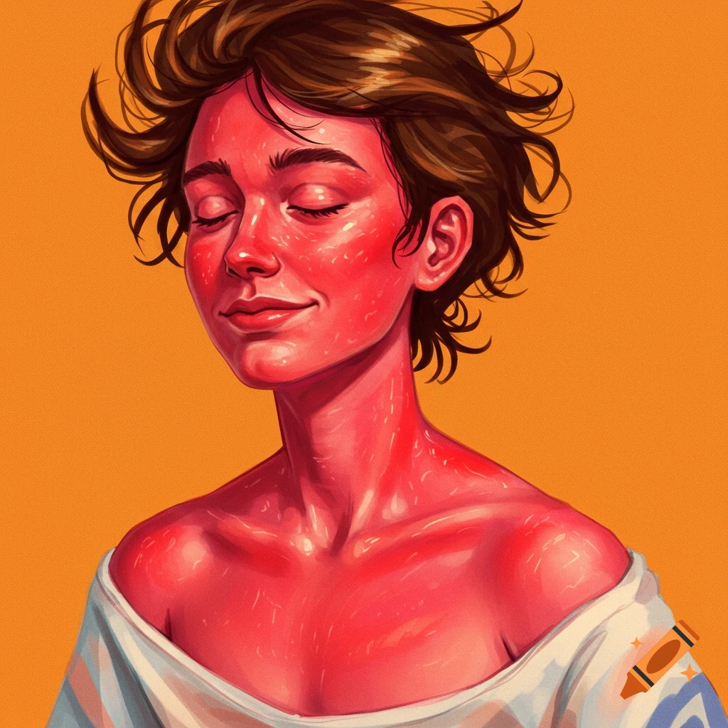 A person with severe sunburn on face and shoulders, eyes closed, against an orange background.