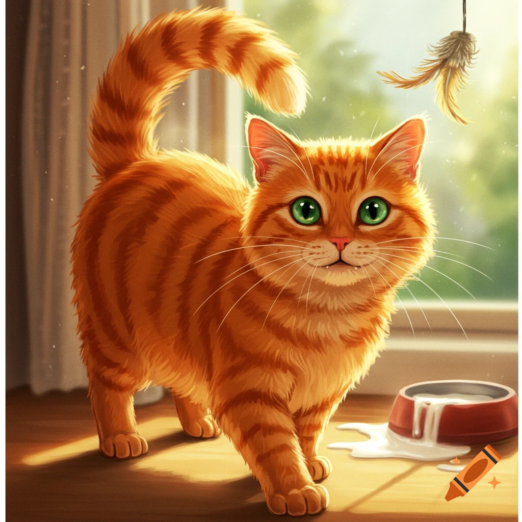 An orange tabby cat with green eyes stands next to a spilled bowl of milk.