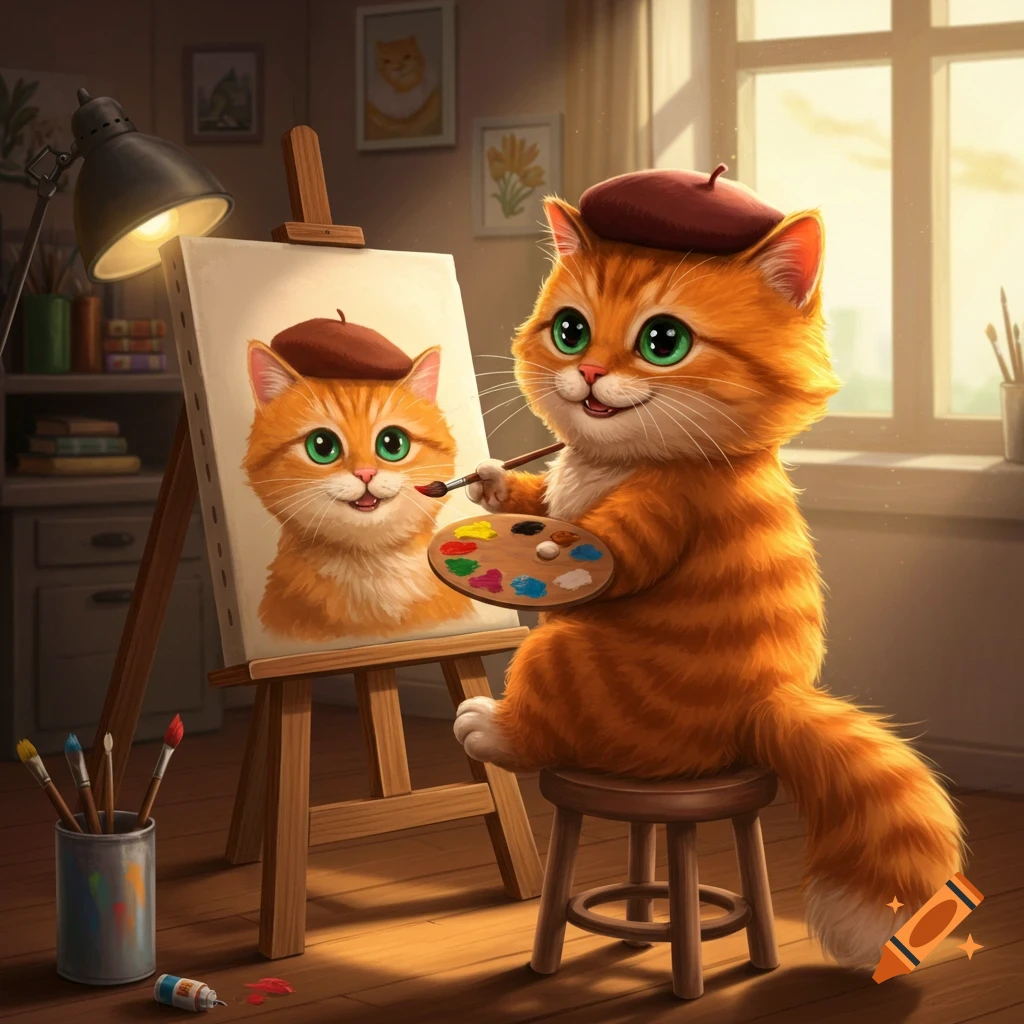 A cute cartoon orange cat wearing a beret paints a self-portrait on an easel.