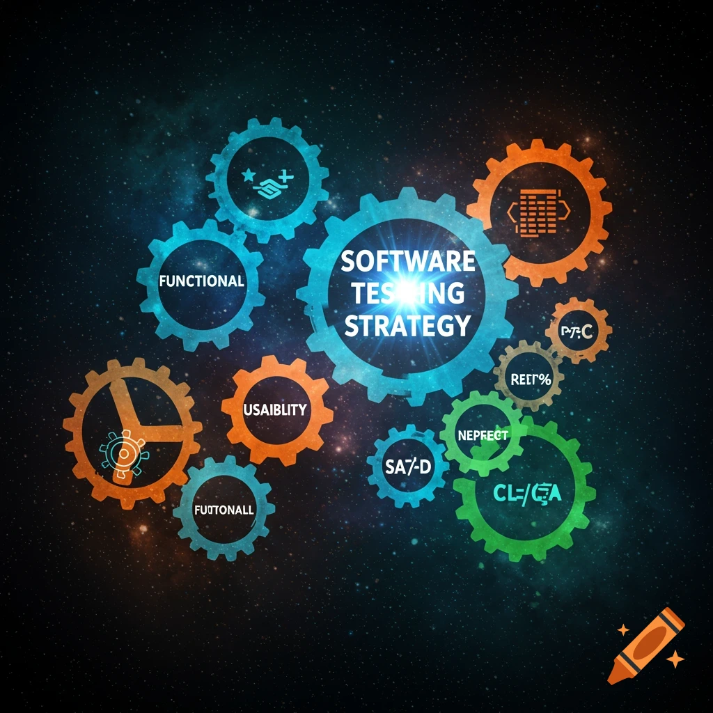 Gears with text related to software testing strategy against a space background.