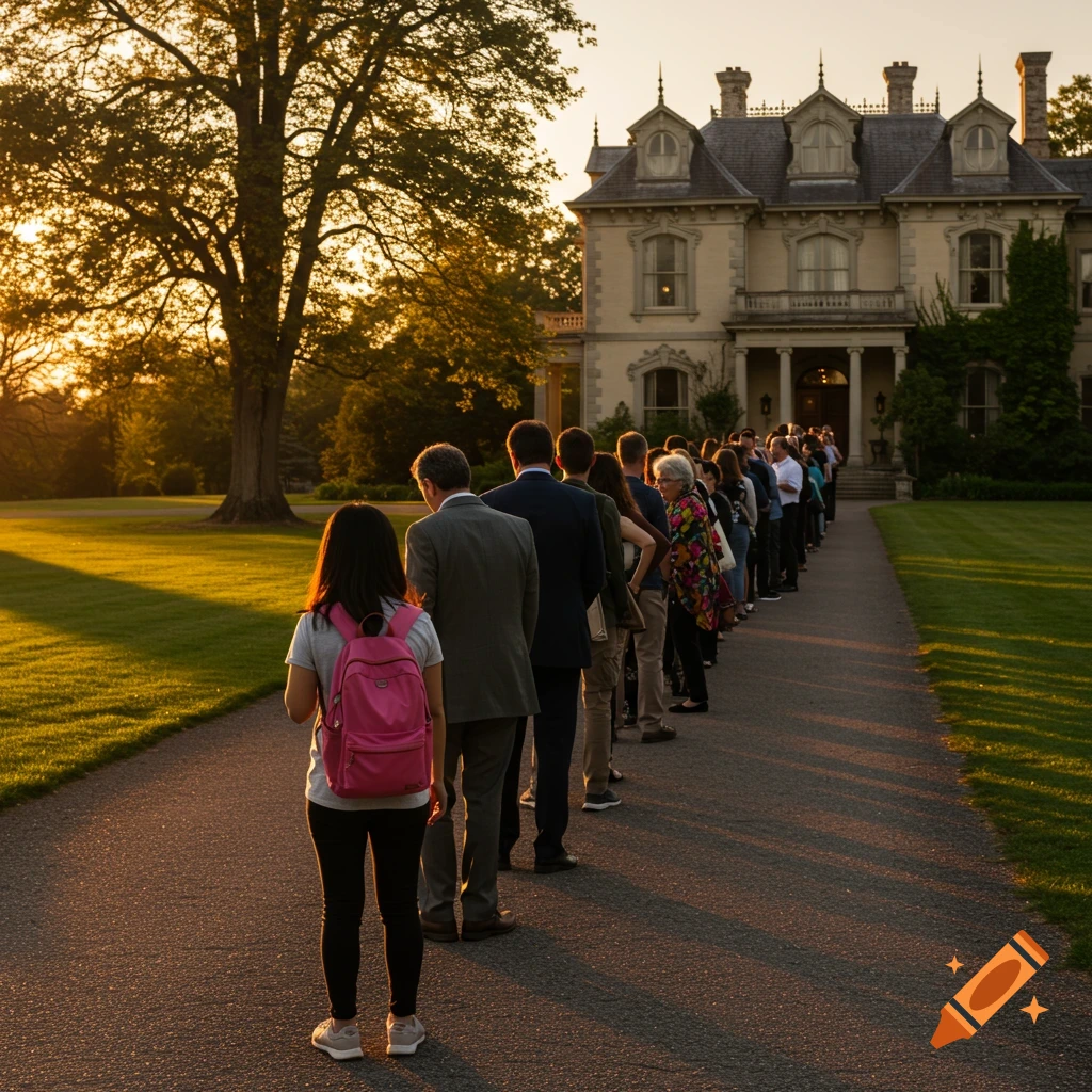 A long line of people wait to enter a large house at sunset.