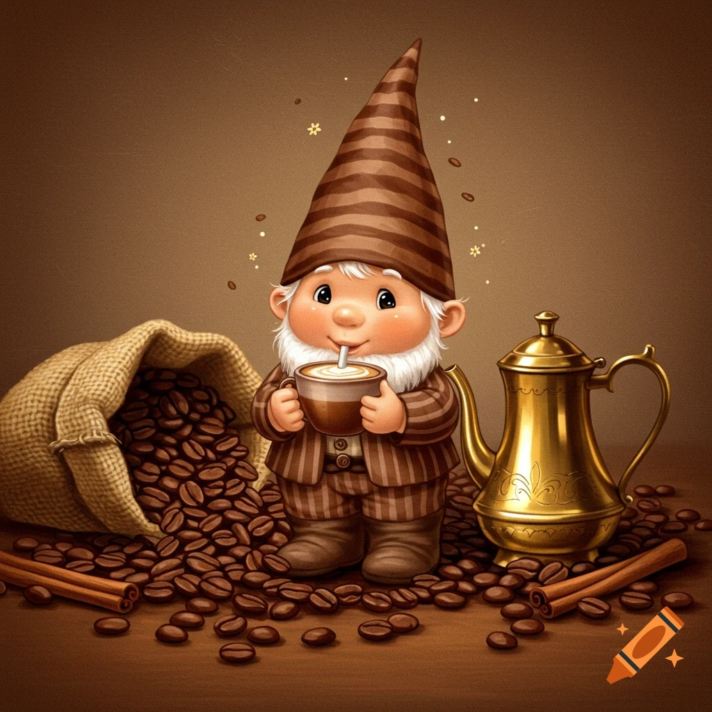 A cute gnome in a striped suit drinking coffee, surrounded by coffee beans and a pot.