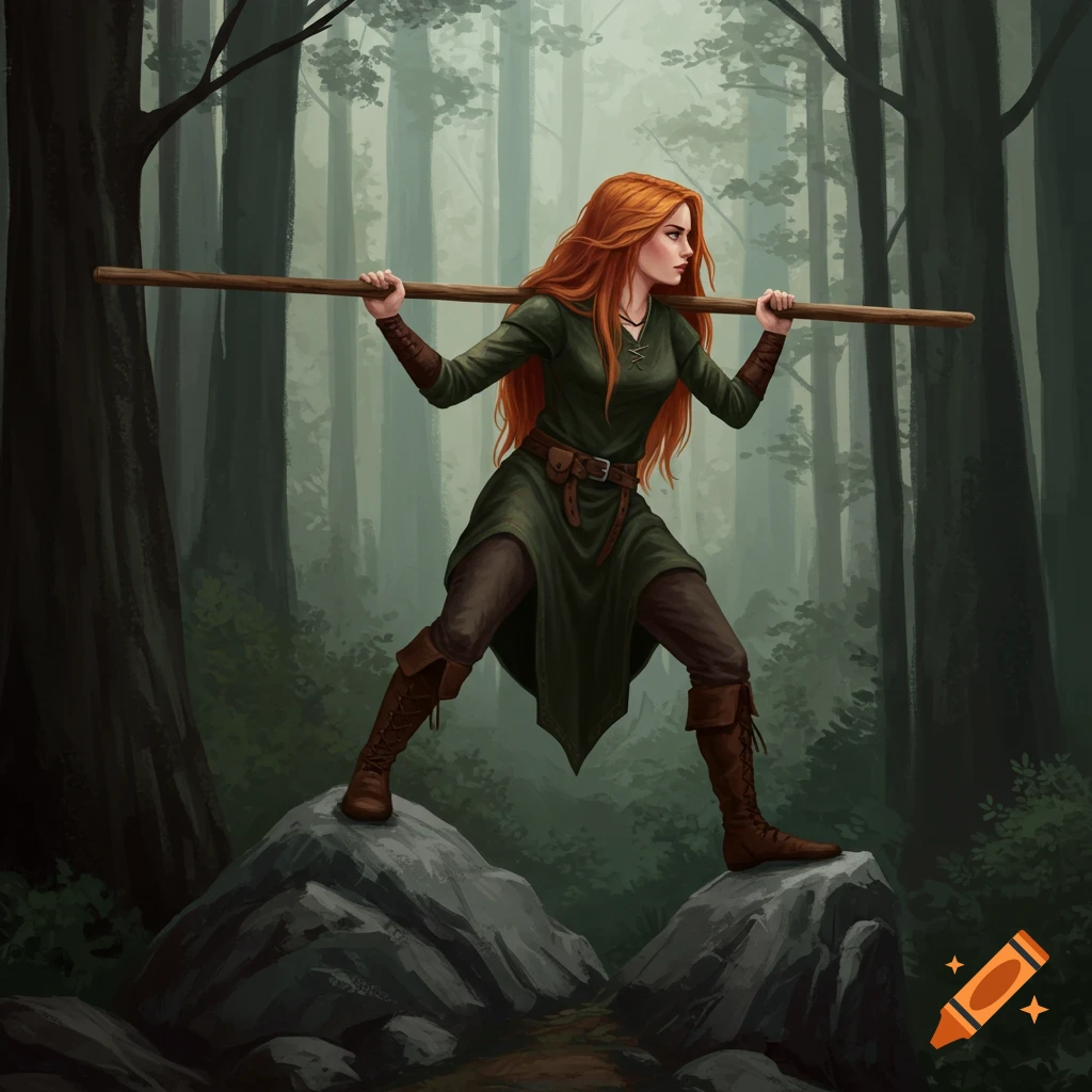 A red-haired woman holds a pole over her shoulders while standing on rocks in a forest, digital art.