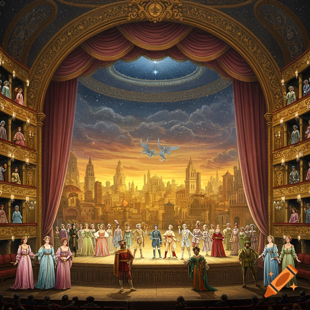 A vibrant image of a theater stage with actors in period costumes performing in front of an audience, with a detailed cityscape and celestial sky as the backdrop.
