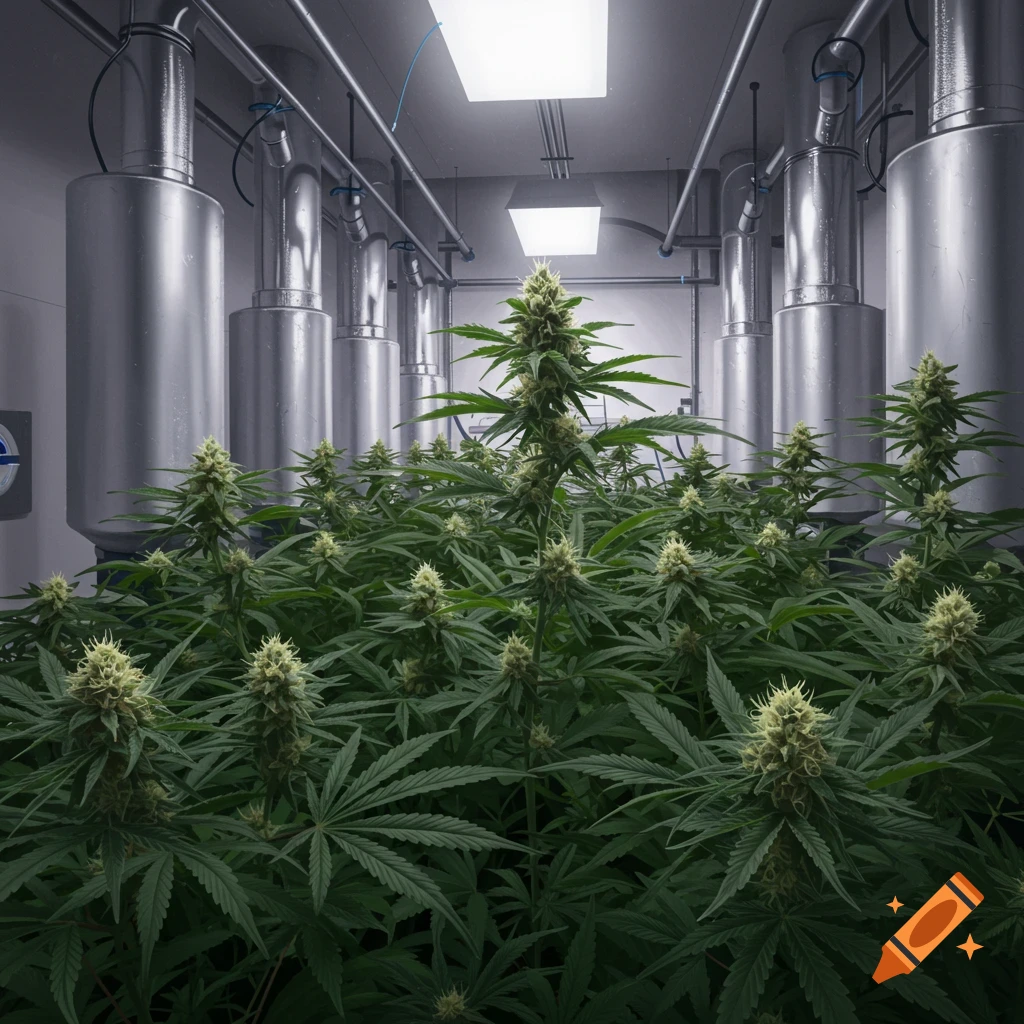 Cannabis plants growing in an indoor industrial facility with large pipes and lights.