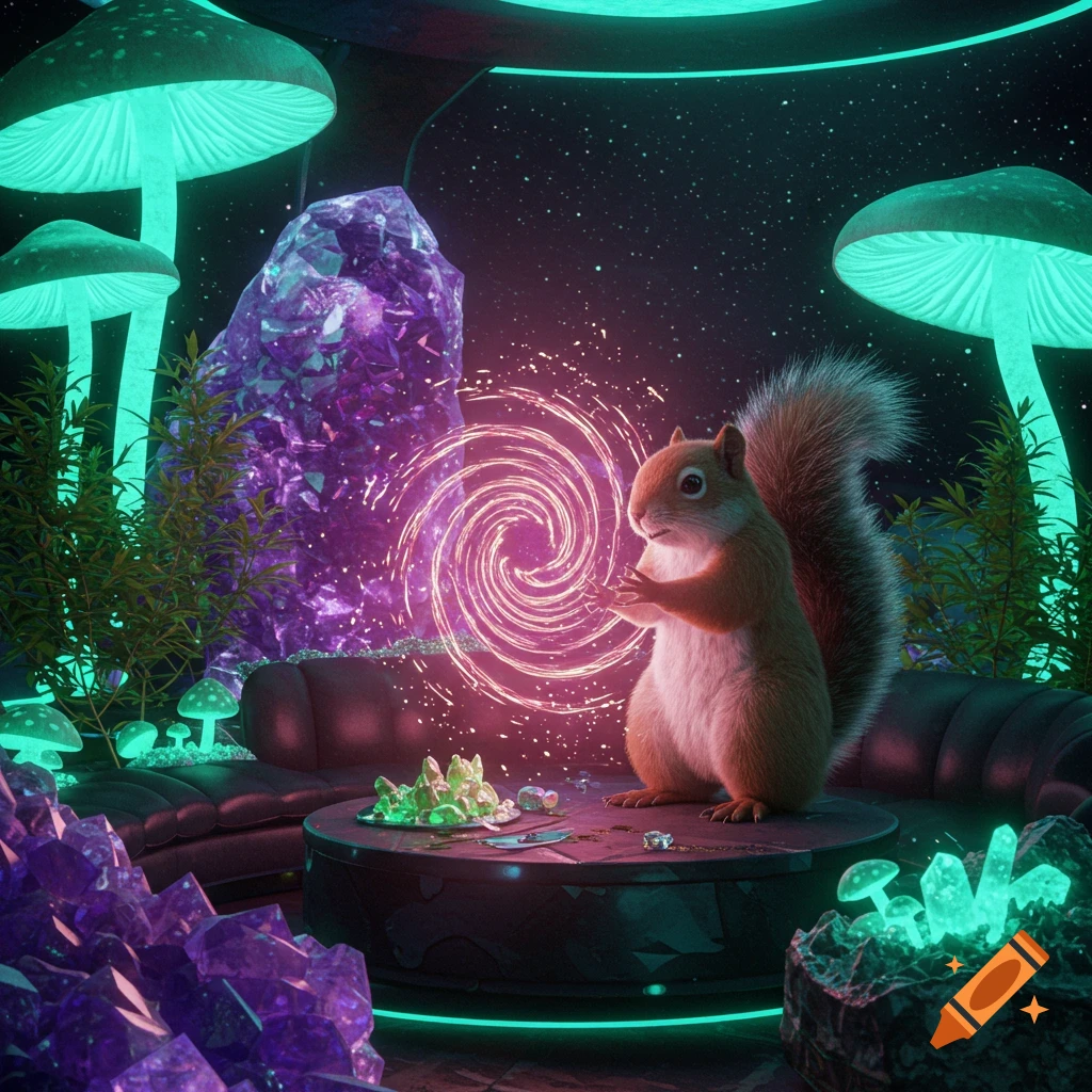 A photorealistic image of a squirrel generating a swirling portal in a futuristic lounge with glowing crystals and mushrooms.