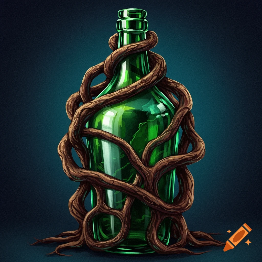 A green bottle wrapped in tangled roots on a dark background.