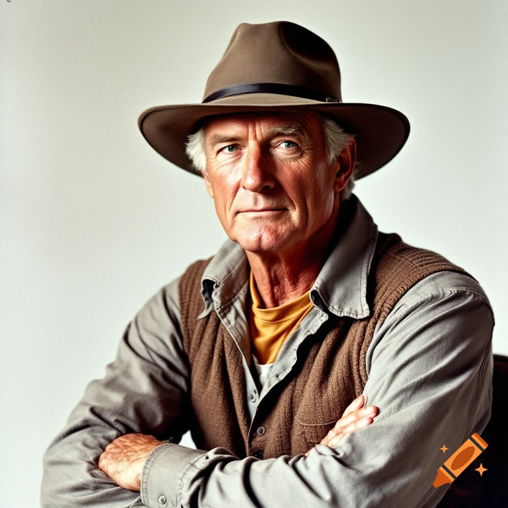 A portrait of an older man in a fedora hat and vest, arms crossed.